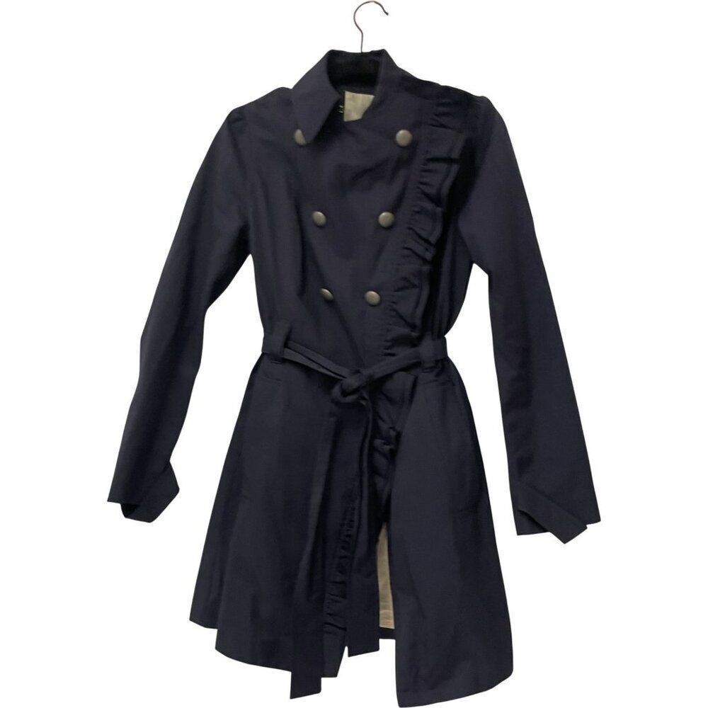 Elevenses Antropologie Womens Trench Coat Size 4 XS Navy Blue Ruffled Trim
